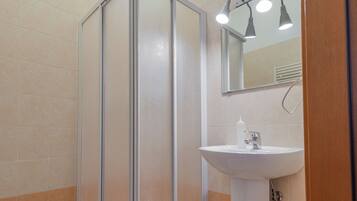 Une salle de bain avec une douche, un lavabo et un miroir.