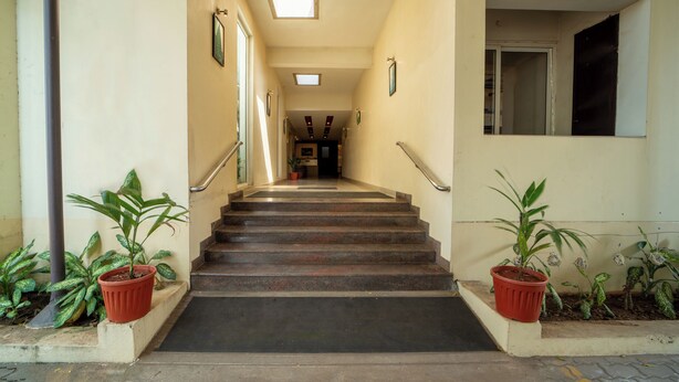 Una escalera con barandillas, plantas en macetas y un tragaluz.