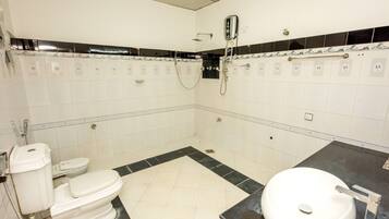 Hair dryer, bidet, towels, soap