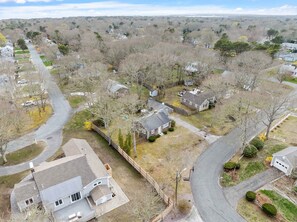 An aerial view of a residential area with houses, roads, and a mix of deciduous and evergreen trees.