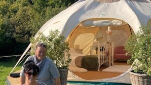A tent with a sleeping area, a small table, and a chair. - Flower Farm Glamping Retreat in Suffolk (Ipswich)