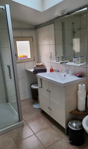 Dusch, hårtork, handdukar och toalettpapper