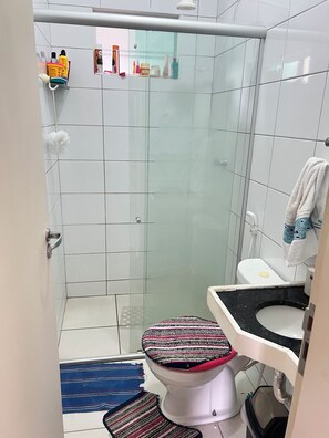 Hair dryer, towels, soap, toilet paper