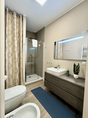 Douche, séchoir à cheveux, bidet, serviettes fournies