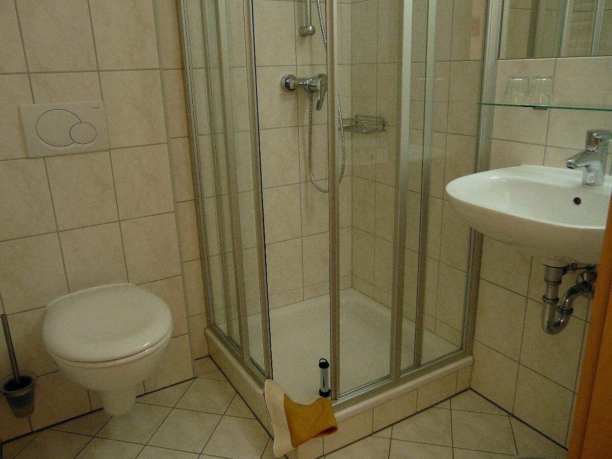 Un baño con inodoro, ducha con mampara de vidrio y lavamanos.