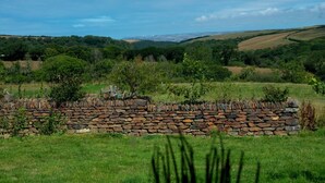 A stone wall in a grassy field with distant hills. - Bligh - cosy cottage near Crackington Haven (Cornwall)