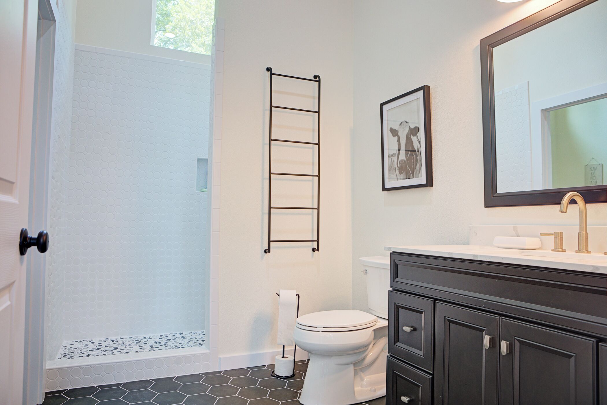 Hair dryer, towels, soap, toilet paper