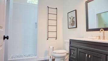 Hair dryer, towels, soap, toilet paper