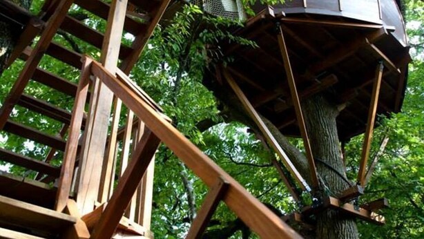 A wooden treehouse with a spiral staircase and a metal roof, surrounded by lush green foliage. - Cabane Maya - 2 pers - Ile aux Cabanes (Sainte-Colombe)