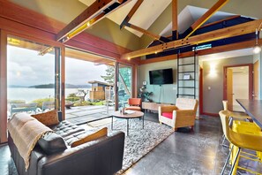 TV, fireplace, books, stereo