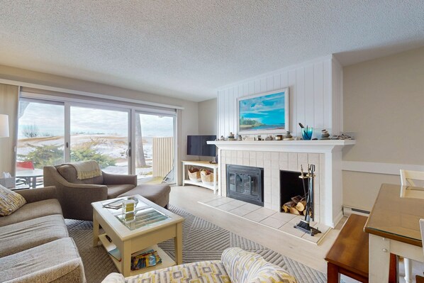 テレビ、暖炉、DVD プレーヤー