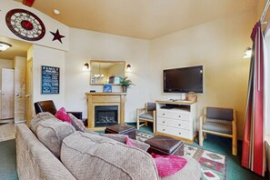 Télévision, cheminée, lecteur de DVD