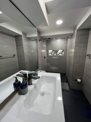 Hair dryer, towels, soap, toilet paper