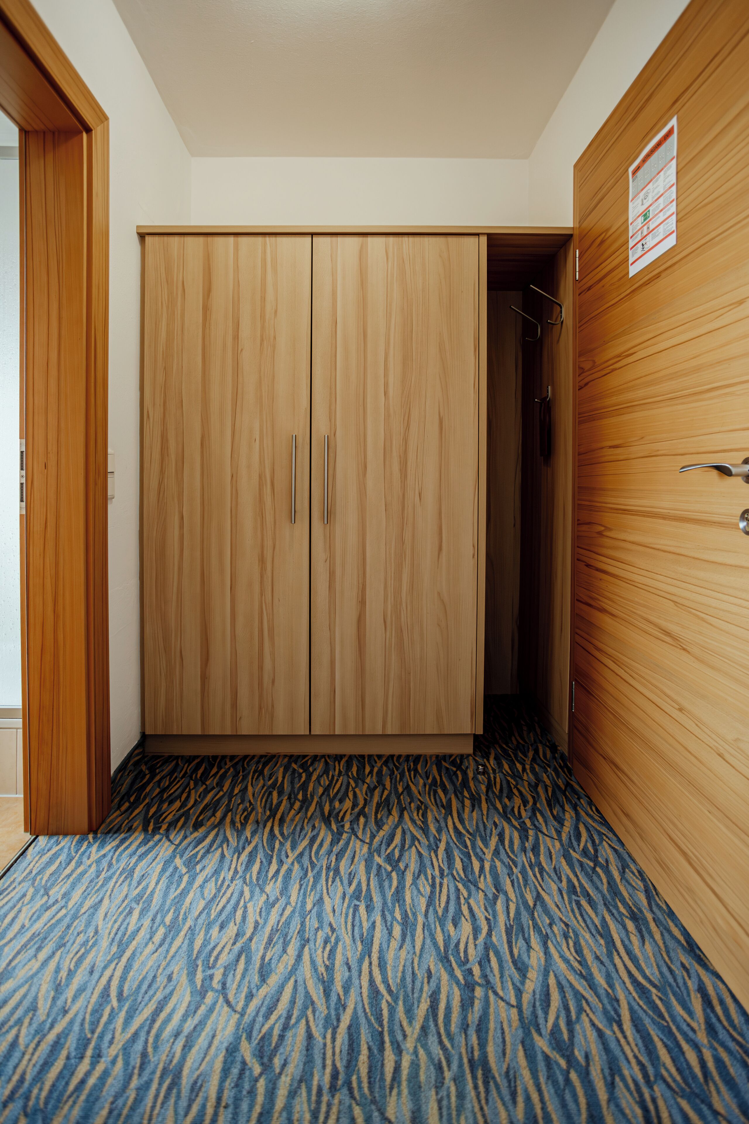 A room with a wooden wardrobe, a patterned carpet, and a wooden door.