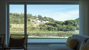 Et værelse med en stor skydedør, der giver udsigt til en smuk bakke. Der er en sofa og en stol vendt mod døren.