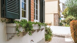 A building with a white facade, a window with black shutters, and a small garden area with plants. - Close to all the magical places in Sintra. (Sintra)