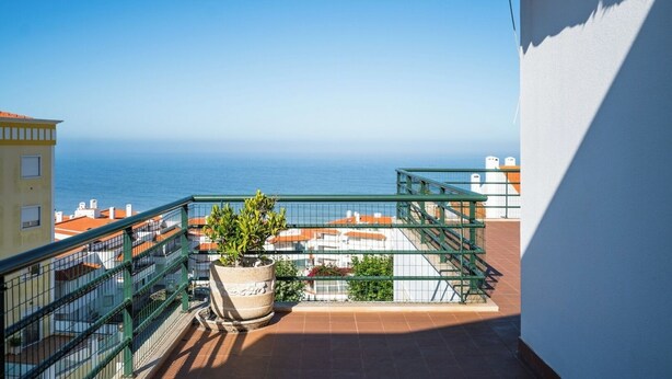 A balcony with a view of the sea, a potted plant, and a tiled floor.