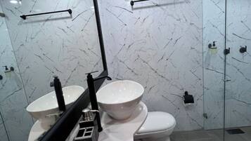 Hair dryer, towels, soap, toilet paper