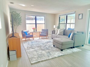 Smart TV, fireplace, video games, DVD player