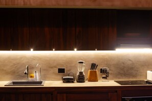 Réfrigérateur, four, batterie de cuisine, vaisselle et ustensiles