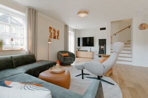 TV, fireplace, video library