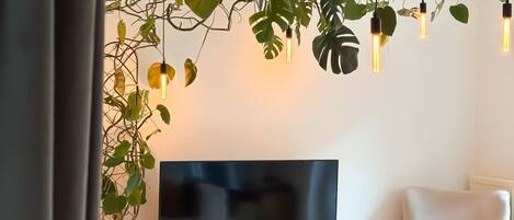 Una televisión, libros, una oficina