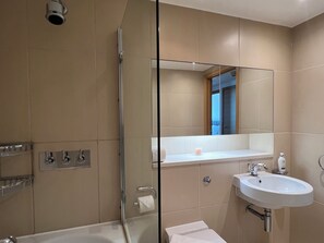 Hair dryer, towels, soap, toilet paper