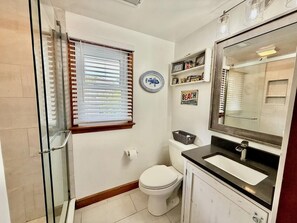 Ein Badezimmer mit Duschkabine aus Glas, Toilette, Waschbecken mit Spiegel und Fenster mit Rollläden.
