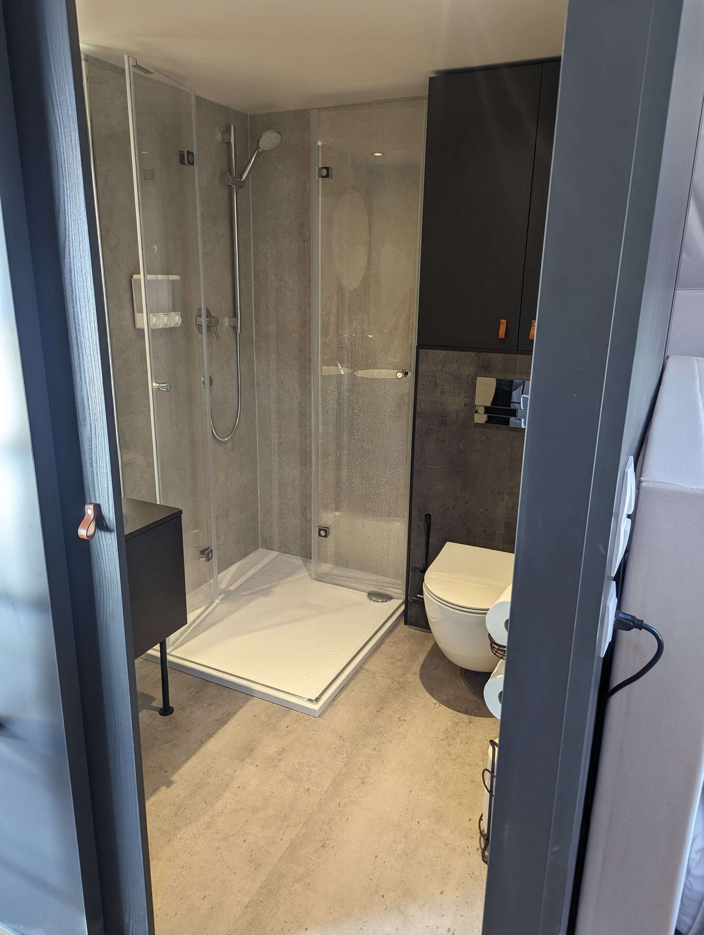 A modern bathroom with a glass-enclosed shower, a toilet, and a sink.