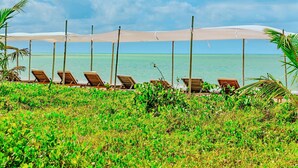 A beach with lounge chairs under a canopy, a clear sky, and calm sea. - Casa Mandala Corumbau (Corumbau)