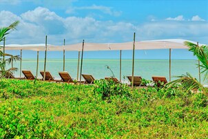 En la playa, arena blanca, sillas reclinables de playa, sombrillas