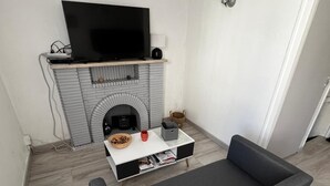 Una sala de estar moderna con un sofá gris, una mesita de centro, un televisor de pantalla plana y una chimenea.