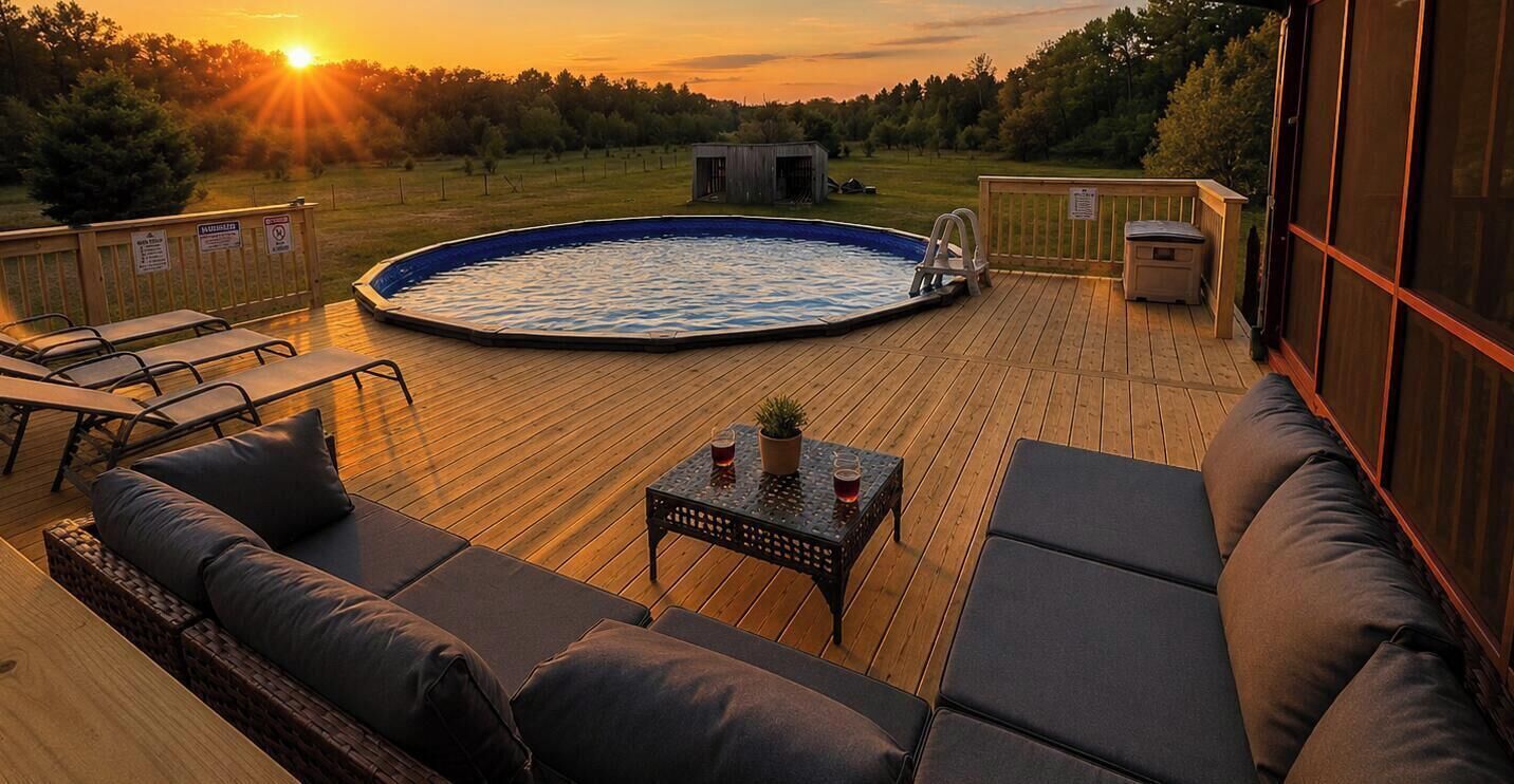 A deck with a hot tub, outdoor furniture, and a view of the sunset.