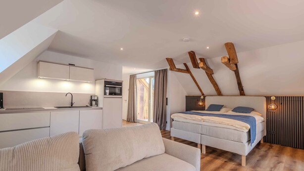 Une chambre de style loft moderne avec un plafond en pente, un lit intégré, un canapé et un coin cuisine.