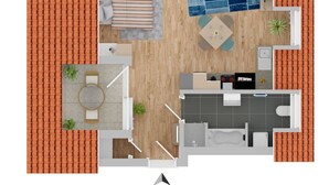 Un plan d’étage en 2D d’une maison comprenant un salon, un coin repas, une cuisine et une petite salle de bain.