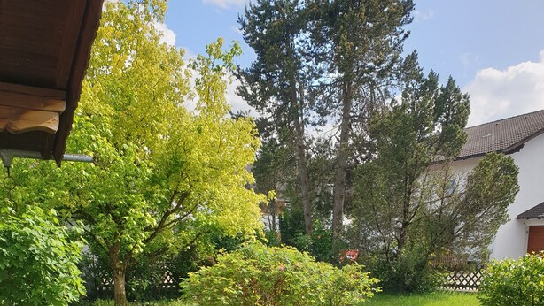 A garden with a stone pathway, a wooden bench, and a potted plant. - Landhaus Münz, quiet vacation apartment near Hopfen am See near Füssen (Hopferau)