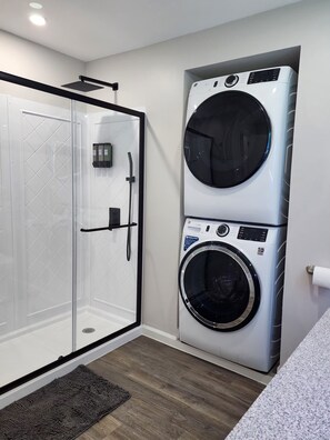 Hair dryer, towels, soap, shampoo