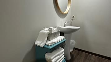 Hair dryer, towels, soap, toilet paper