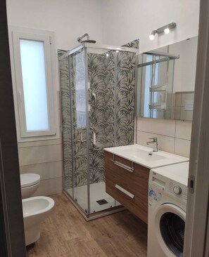 Shower, bidet, towels, soap