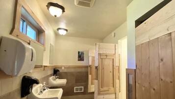 Hair dryer, towels, soap