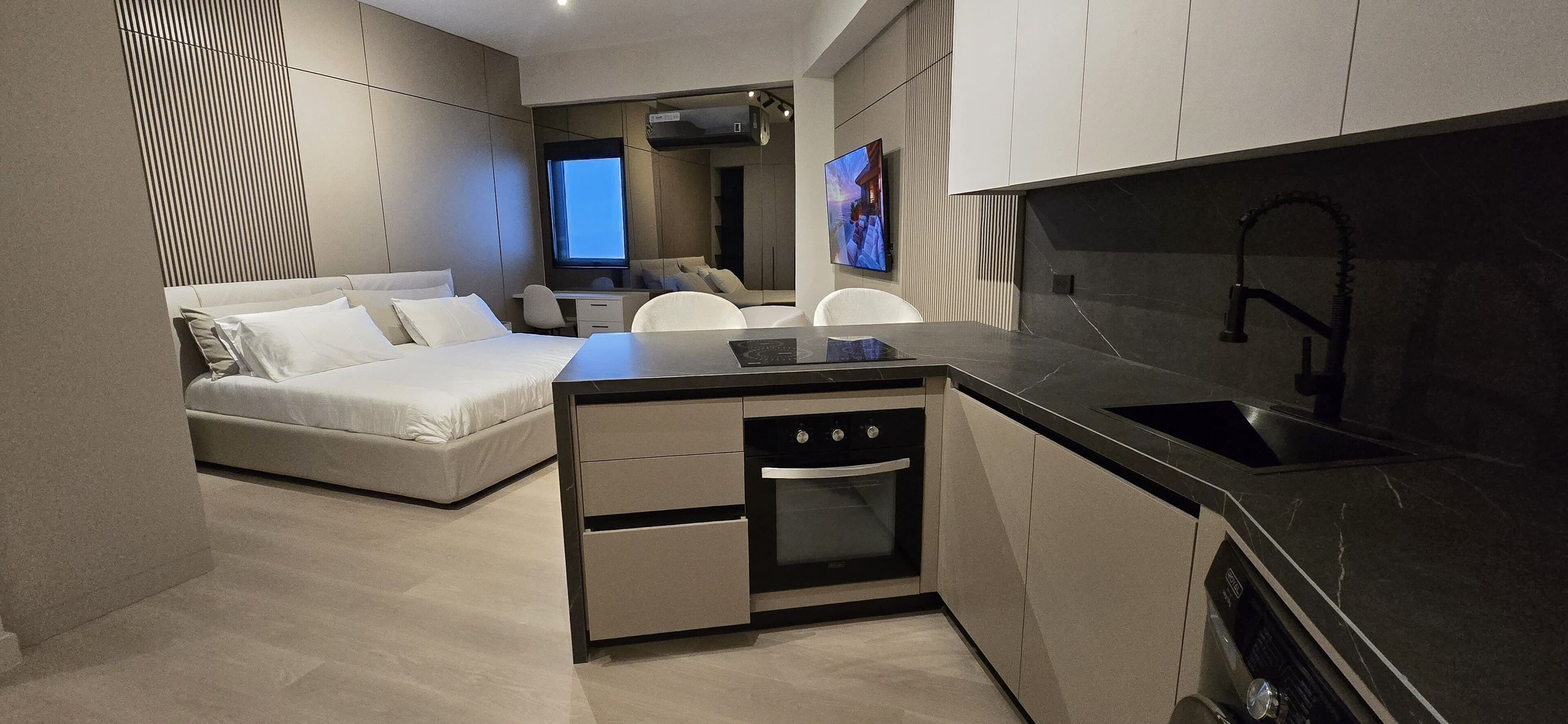 Mini-fridge, oven, cookware/dishes/utensils