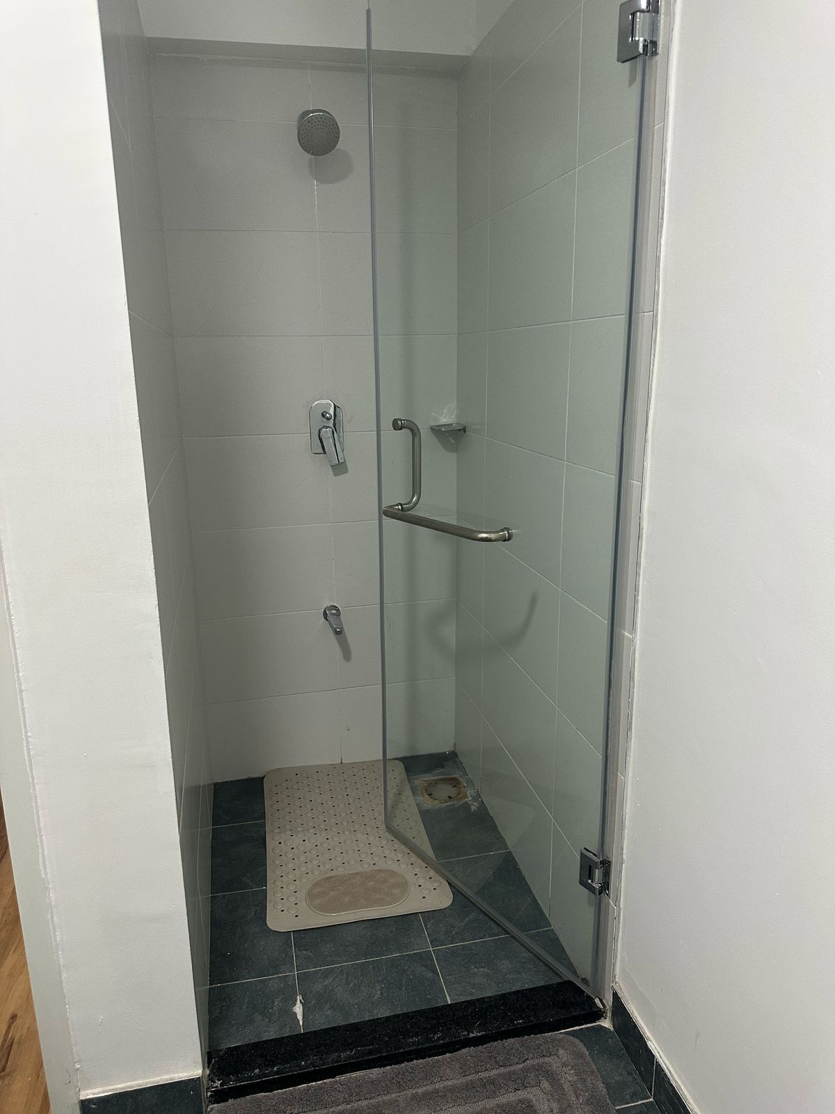 Un petit espace de douche fermé, doté d’une porte en verre, d’un pommeau de douche à main, d’un robinet à main et d’un tapis antidérapant sur le sol.