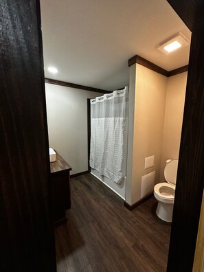 Hair dryer, towels, soap, toilet paper