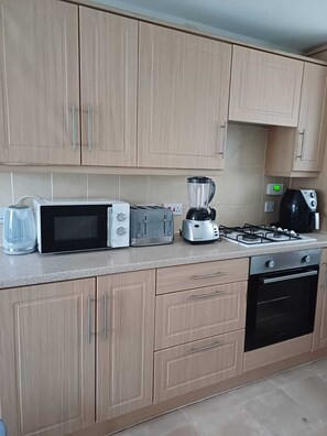 Fridge, microwave, oven, electric kettle
