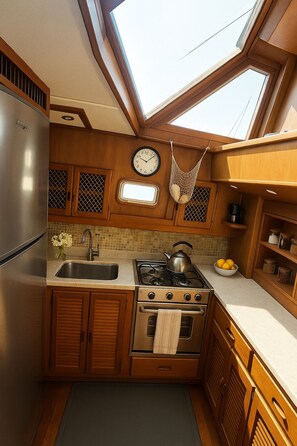 Fridge, oven, stovetop, coffee/tea maker