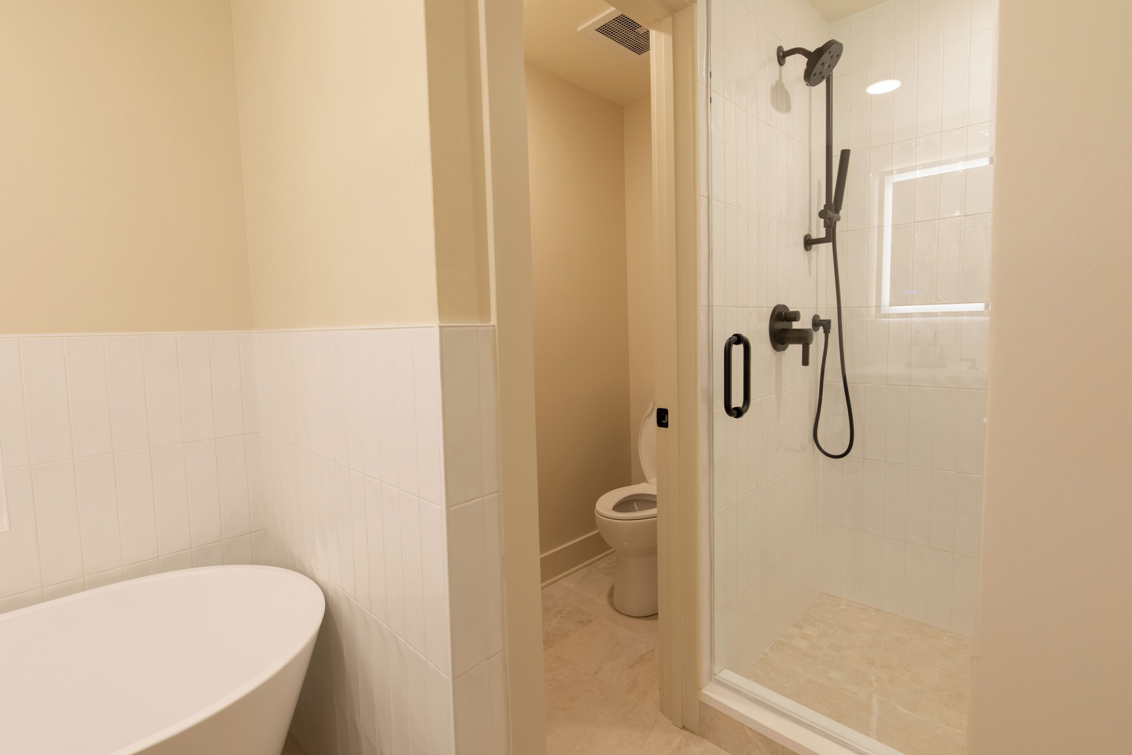 Hair dryer, towels, soap, shampoo