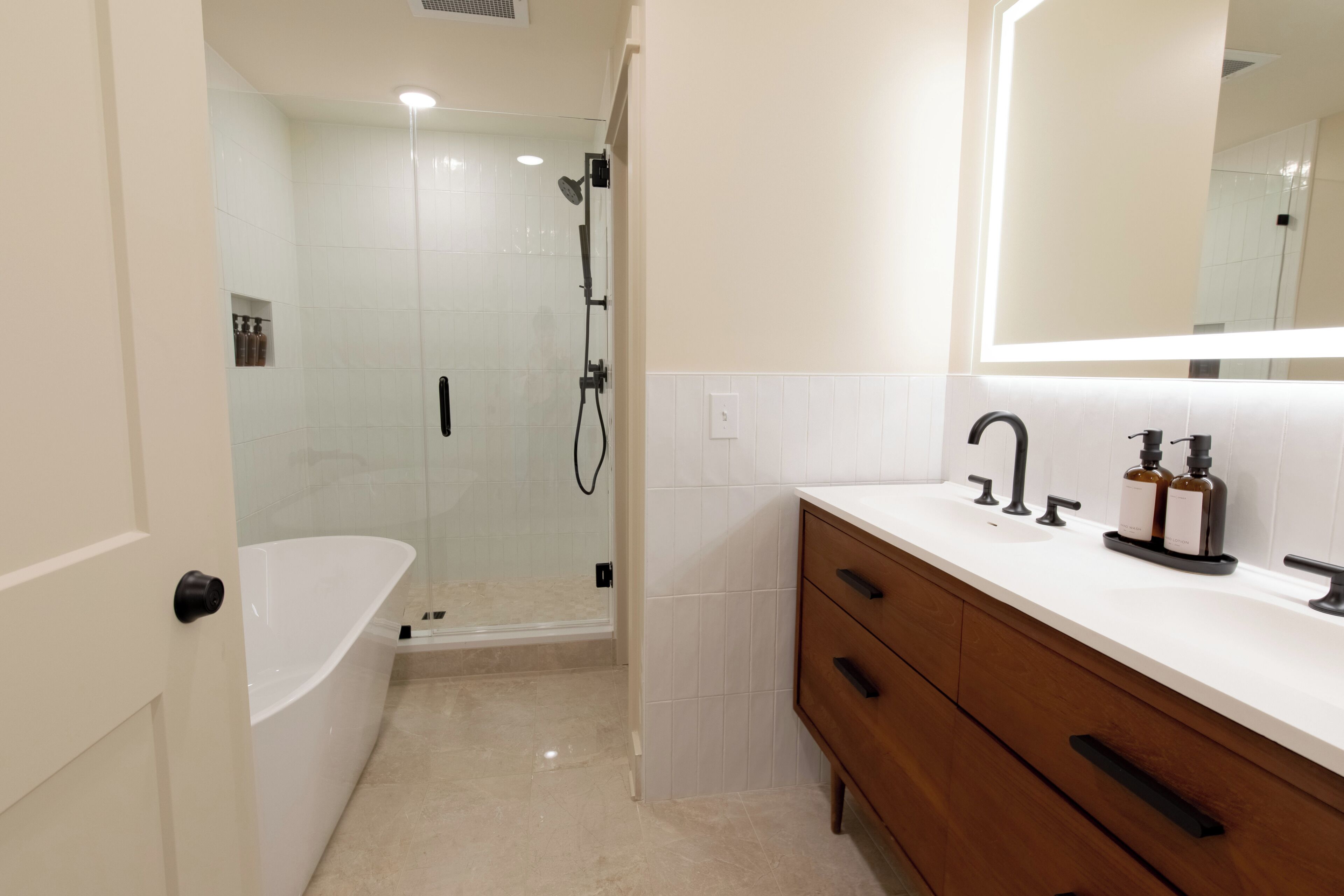 Hair dryer, towels, soap, shampoo
