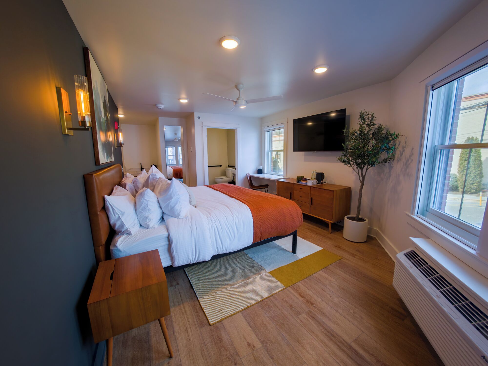 Um quarto moderno com uma cama grande, uma escrivaninha, uma TV e um vaso de planta.