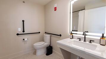 A modern bathroom with a toilet, handrails, a sink, and a mirror.