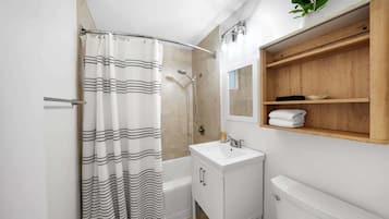 Hair dryer, towels, soap, shampoo